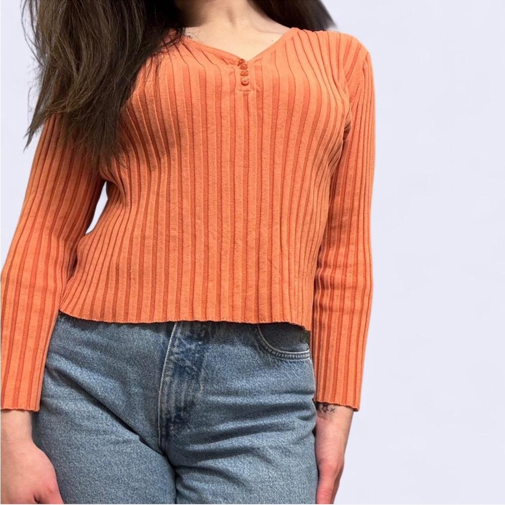 Vintage Talbots Petites Silk Blend Ribbed Henley Sweater Orange Size PL